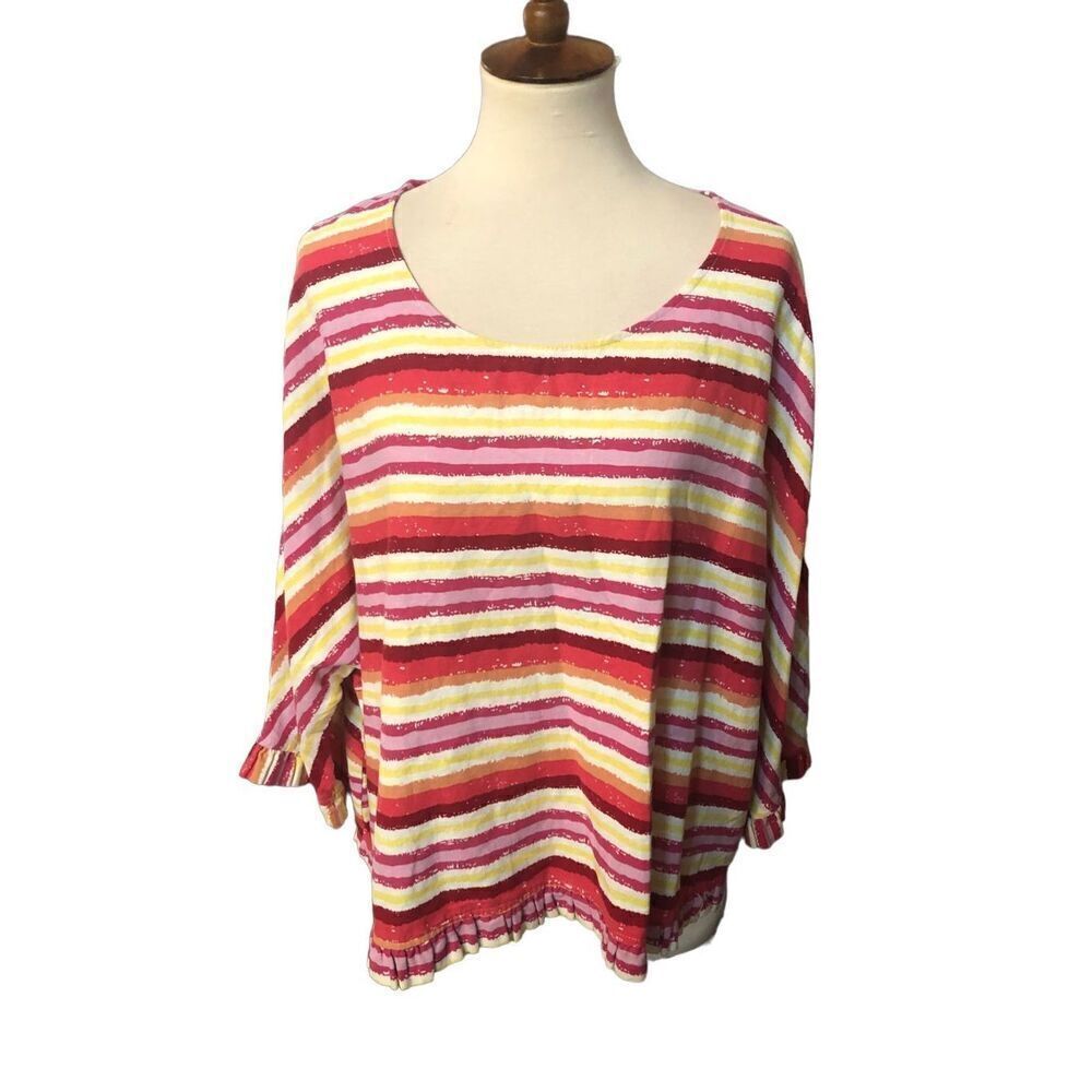 Spring linen  Cynthia Striped Red Orange Multicolor Linen Blend Boxy Fit Top siz